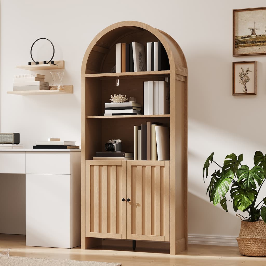 Accent Cabinet with Arched Top, Storage Cabinet with Slatted Doors, Buffet Sideboard with Adjustable Shelves