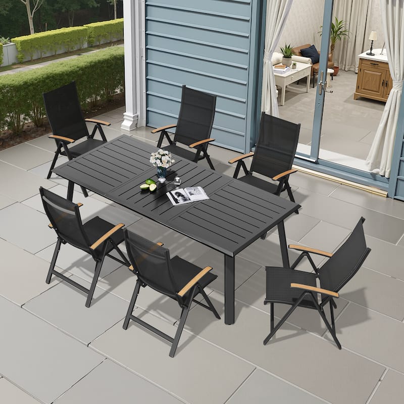 7/9PC Outdoor Patio Aluminum Dining Table with Umbrella Hole include Folding Chairs - Black-7PC
