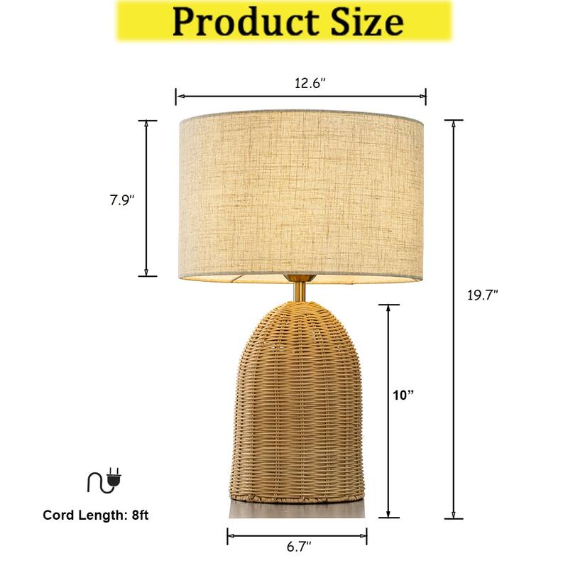 CraftHome 20'' Natural Rattan Bedside Table Lamp Coastal Nightstand Lamp with Classic Beige Fabric Shade for Bedroom - W13''