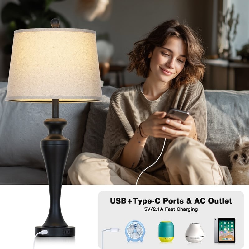 30" Modern Table Lamps with USB-C Charging, 3-Way Touch Dimmer, Black Metal Base(Set of 2) - 13'' x 13'' x 30''