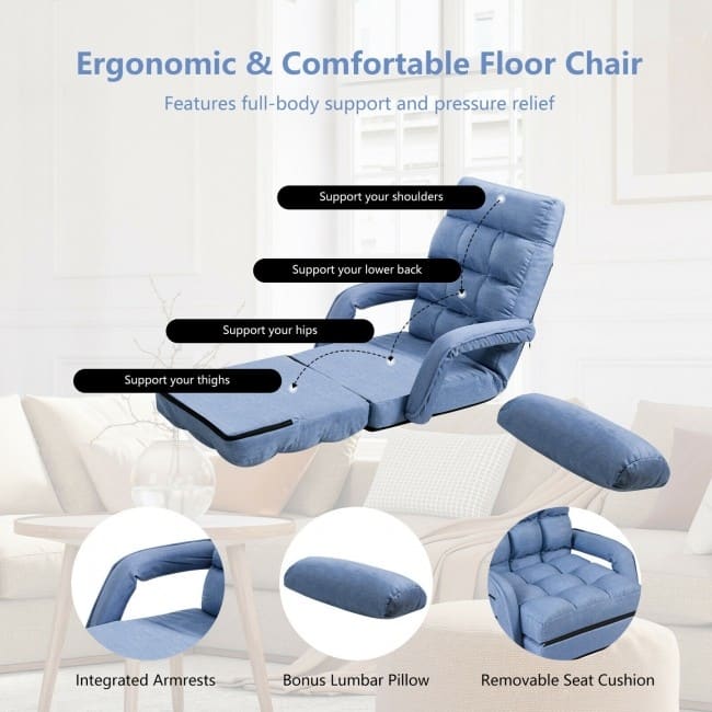 Folding Lazy Floor Chair Sofa with Armrests and Pillow - 22" x 26" x 29" (L x W x H)