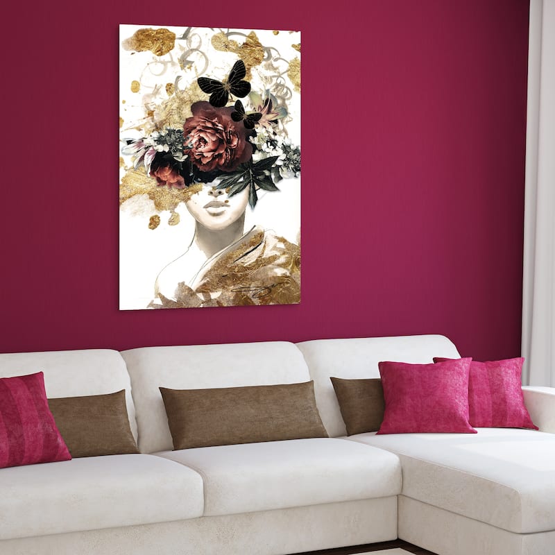 "Woman in Garden" Frameless Free Floating Tempered Glass with Gold Covered Panel Graphic Wall Art 48 in. x 32 in.