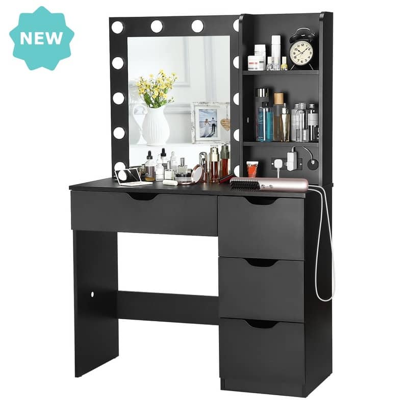Modern Makeup Vanity with Mirror and Lights, 4 Drawers, 2 Shelves - Black