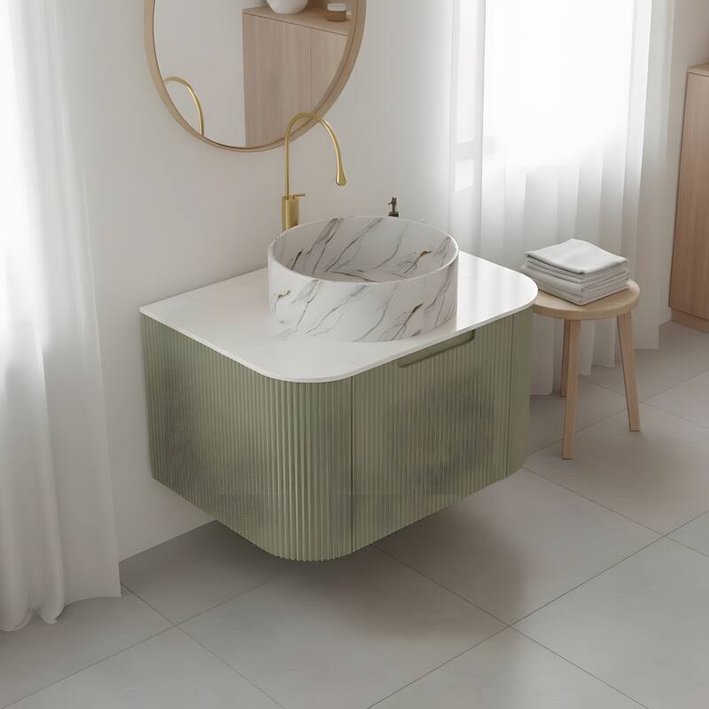 Floating Bathroom with Round Ceramic Basin and Storage Drawer