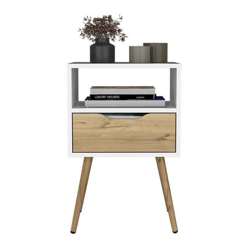 25inch White and Light Oak Nightstand with One Drawer and Open Shelf