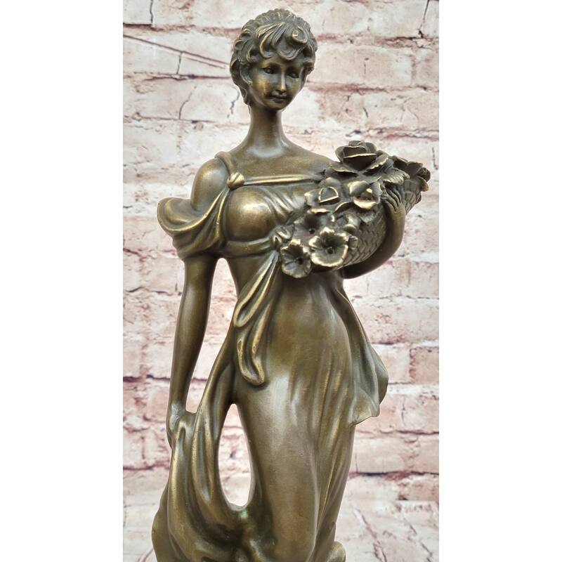 Young Woman Holding Basket Of Flowers - Art Deco Nouveau Bronze Sculpture By Milo