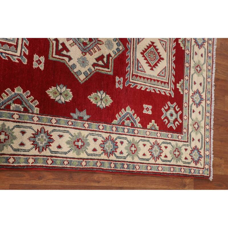 Red Geometric Kazak Foyer Rug Handmade Oriental Wool Carpet - 3'6" x 5'1"