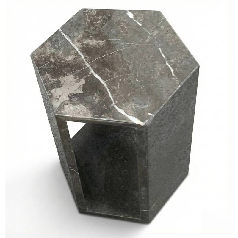 Roomfitters Luxury Natural Marble Hexagon Side Table, Solid Stone Geometric Pedestal End Table, Polished Finish