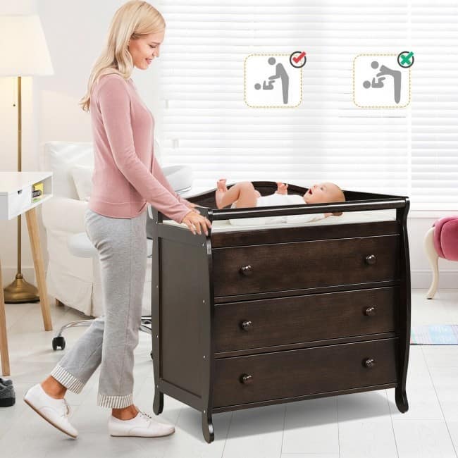 Baby Changing Table Infant Diaper with 3 Drawers and Safety Belt-Brown - 35.5" x 23" x 39" (L x W x H)
