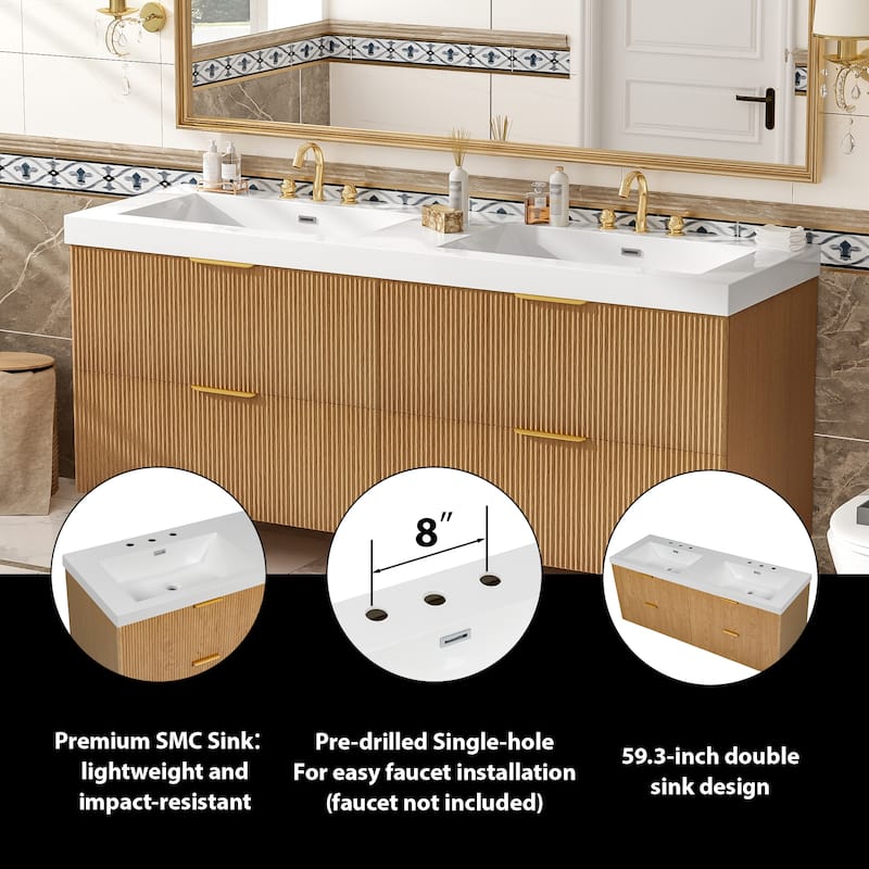 GDFStudio - Stratford Modern Wall Mounted Double Sink Bathroom Vanity with SMC Countertop, Soft Close Drawers & Storage - 19.8"