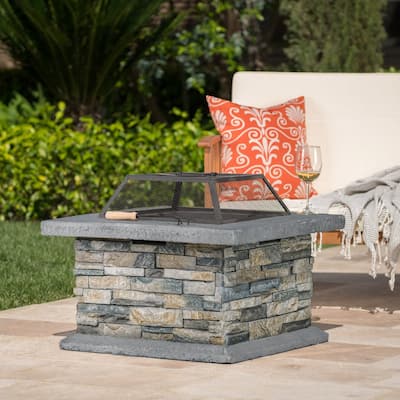 29 in. W x 17.1 in. H Stone Square Wood-Burning Outdoor Fire Pit in Gray