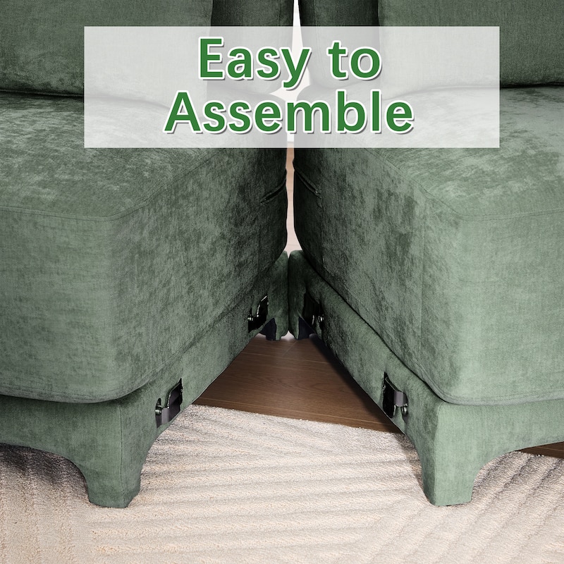 141.7" Chenille Modular 4-Seater Sofa with Movable Ottoman, High-Resilient Sponge, and Ergonomic Wooden Base