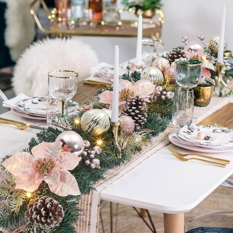 6ft Pre-Lit Outdoor Christmas Garlands with LED Lights Rose Gold Balls Flowers - N/A