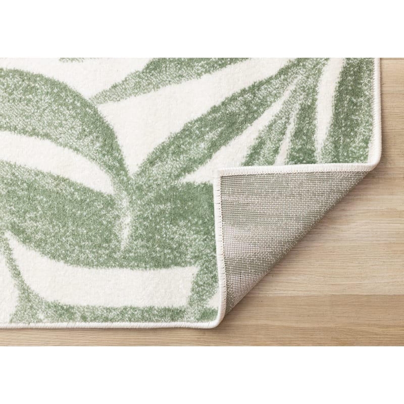 Green White Palm Branch Design Living Room Rug