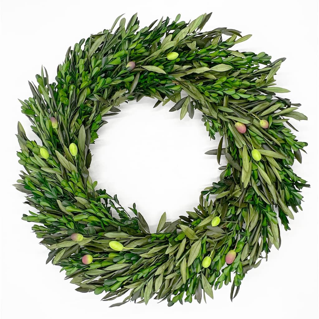 Preserved Decorative Dried Real Olive Boxwood Leaf Wreath 21 Inch - Green
