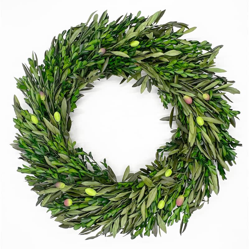 Preserved Decorative Dried Real Olive Boxwood Leaf Wreath 21 Inch - Green - 21" - Green