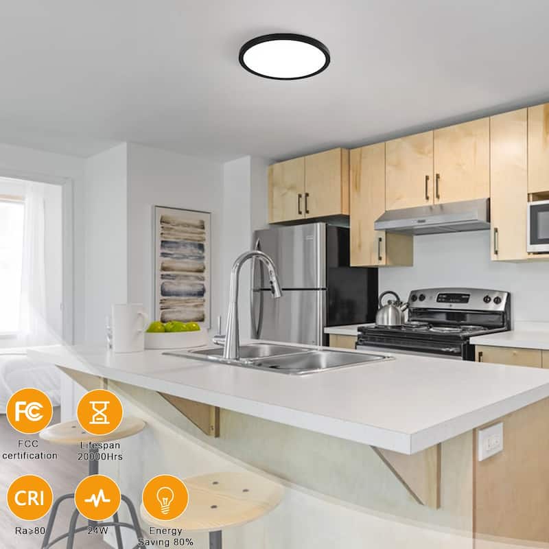 24 Watts Round Tricolor Selectable LED Flush Mount Ceiling Light for Dining Room Living Room Bedroom Kitchen - 9.06"Dx0.91H"