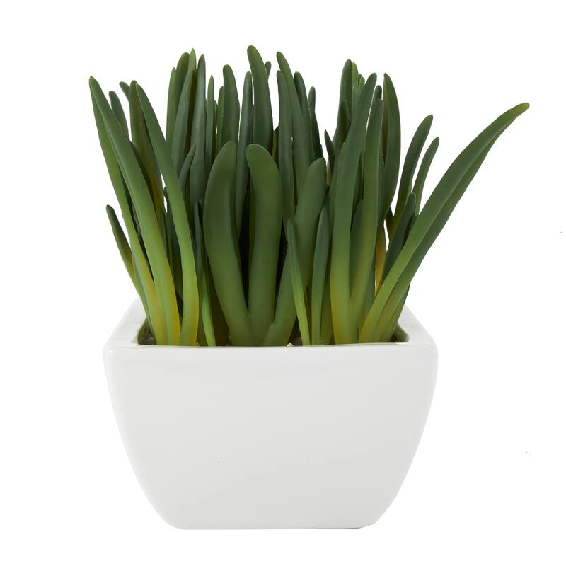 Faux Foliage Artificial Plant with White Ceramic Pot - Green - Roche River Decor - 6"W x 8"L x 8"H