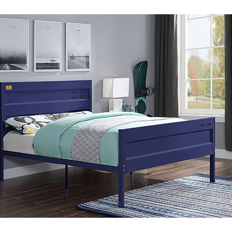 Modern Full Size Cargo Container-Themed Metal Platform Bed with Rectangular Headboard for Master Bedrooms, Guest Rooms - Blue
