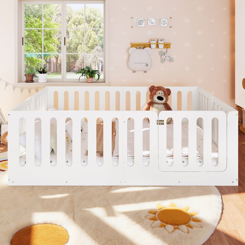Toddlers Montessori Floor Bed with High Fence, Door, Low Profile Platform Bed Frame for Kids with No Box Spring Needed, No Slats