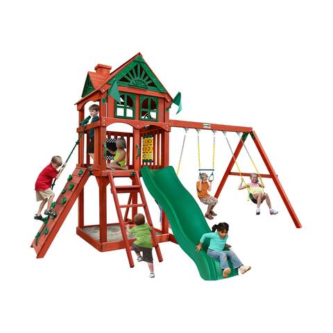 Gorilla Playsets Five Star II Wooden Swing Set with Rock Wall - Redwood