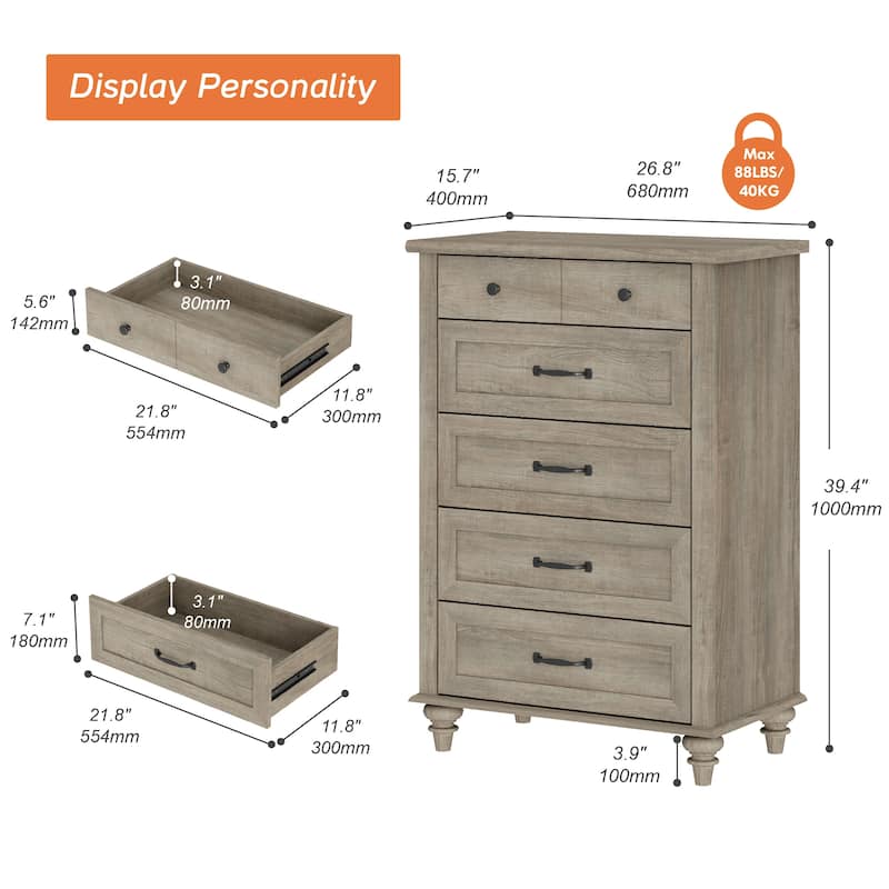 Mid Century Dresser with 5/6 Drawers, Wooden Kids Dresser for Bedroom