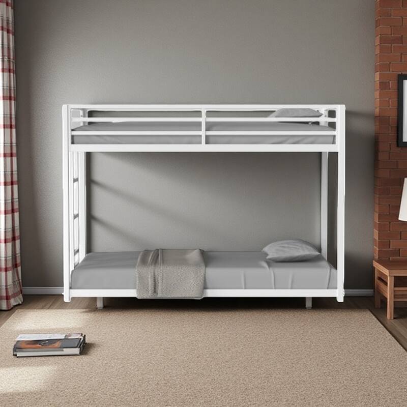 Twin Over Twin Metal Bunk Bed with Reversible Ladder, Full-Length Guardrails, Sturdy Square Tube Frame - White