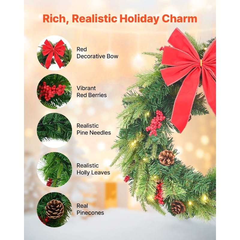 24 Inch Pre-Lit Christmas Wreath Battery Operated Green Holiday Decoration with LEDs Timer - 24 x 24 x 6.3 in