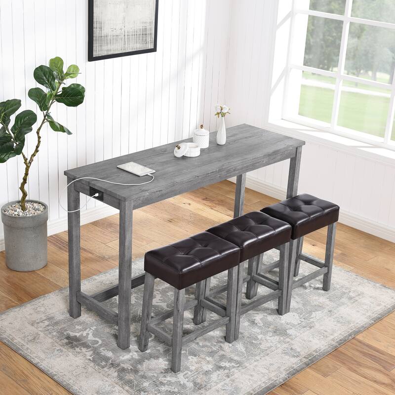 4 Piece Dining Table and Chairs Set, Bar Table with Power Outlet