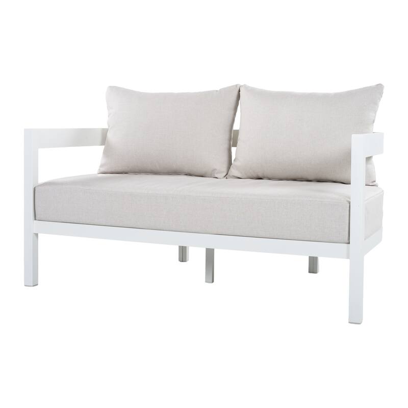 Christopher Knight Home - Modern 4-Piece Outdoor Aluminum Patio Conversation Set with Oval Glass Coffee Table & Cushions