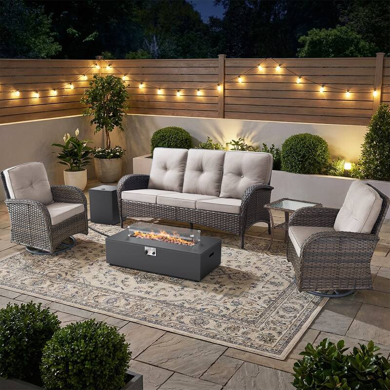 Pocassy Outdoor 5-Piece Sofa Swivel Chair with Fire Pit Table - Brown Wicker Beige Cushion - 5-Piece Sofa Swivel Chair with Fire Pit Table