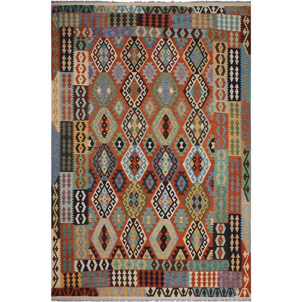 slide 1 of 7, Shabby Chic Kilim Myrtice Rust Blue Wool Rug - 10'1" x 12'10" - 10'1" x 12'10"