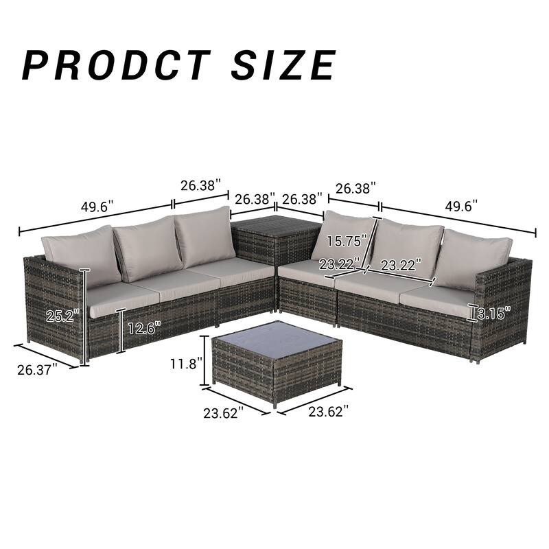 6-Piece Outdoor Patio Wicker Sectional Sofa Set with Corner Table & Glass Top Table