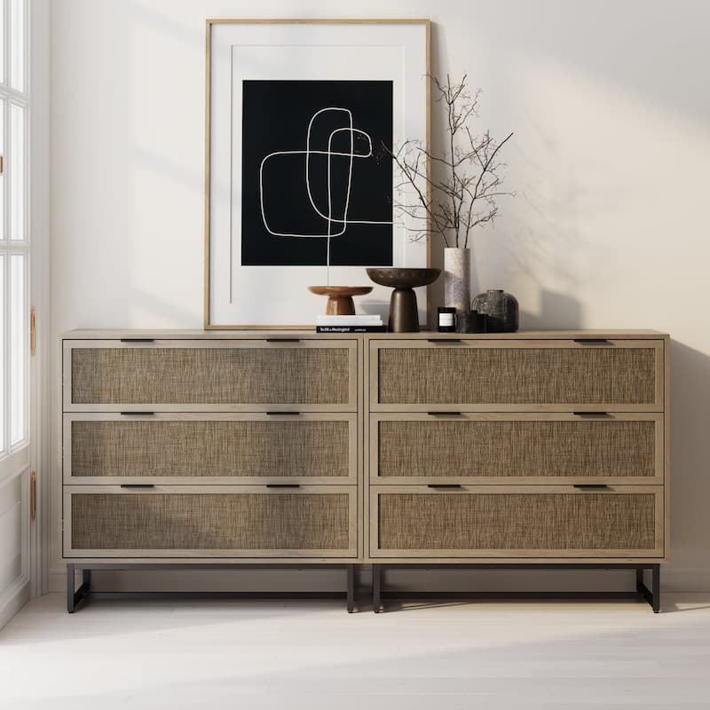 Kova 3-Drawer Rattan Dresser or Bohemian Living Room Storage Cabinet with Textilene Rattan Accent and Metal Legs - Light Oak Set of 2