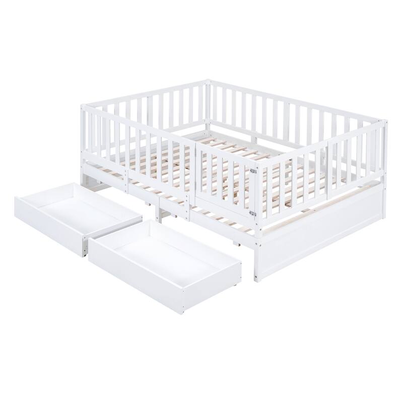 Modern Wood Daybed with Fence Guardrails and 2 Drawers