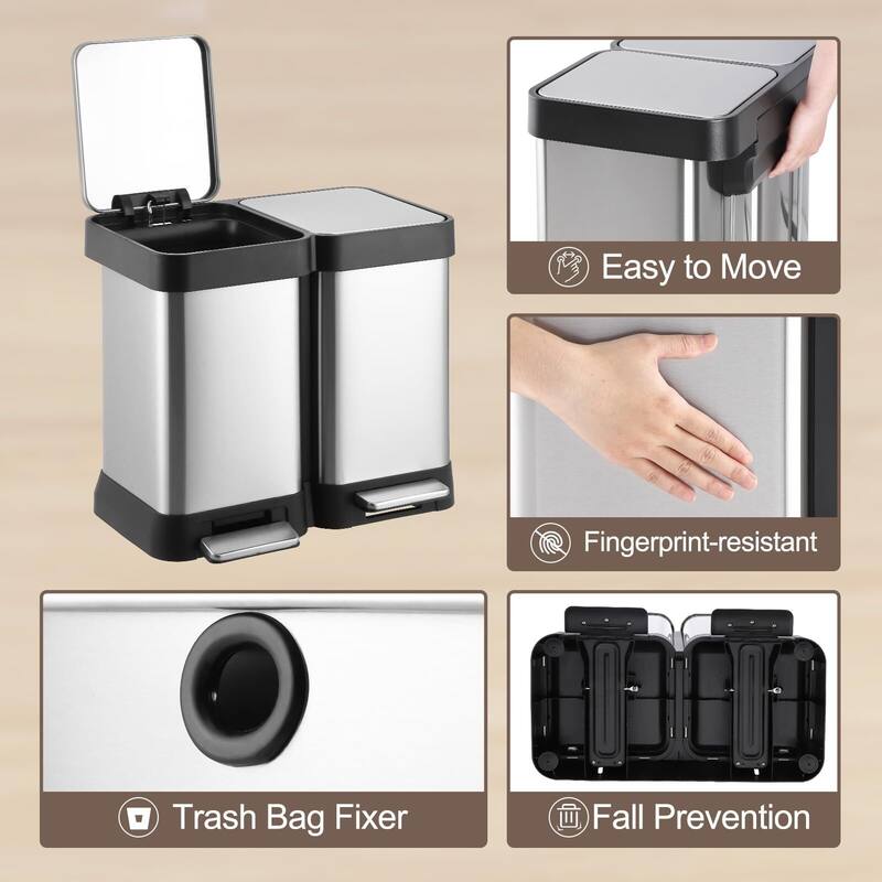 Large Capcity Dual Trash and Recycling Bin, Fingerprint Proof Stainless Steel Kitchen Garbage Can