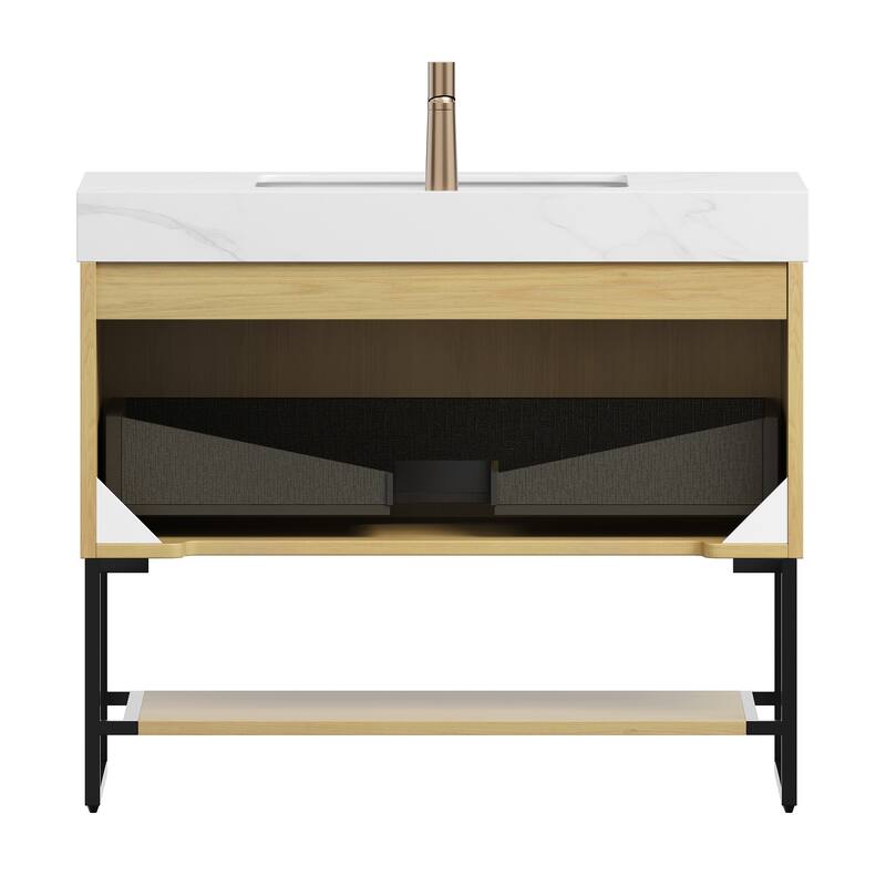 GDFStudio - Yolan 36" Freestanding Bathroom Vanity with Drawer & Open Shelf, Corolla Oak Finish & Ceramic Basin