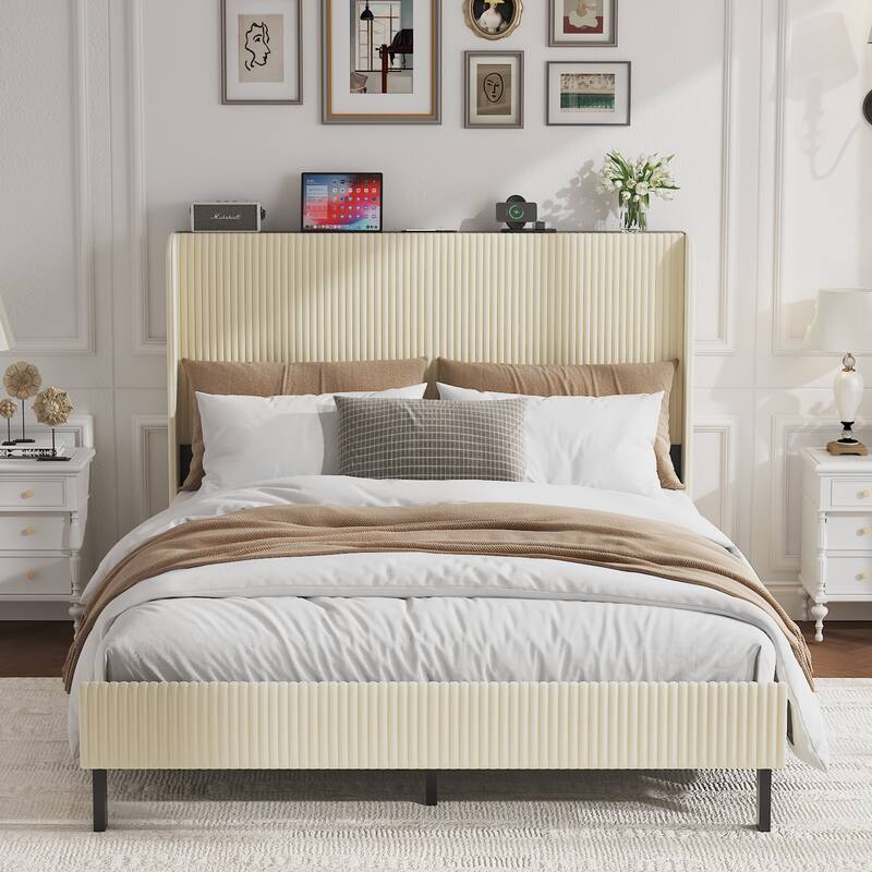 Roomfitters Metal Platform Bed Frame with Charging Station, Heavy Duty Mattress Foundation, No Box Spring Needed, Beige - Queen