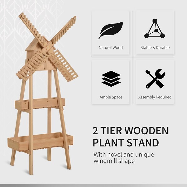 Outsunny 3' x 1' x 5' 2-Level Wooden Plant Shelf with Windmill