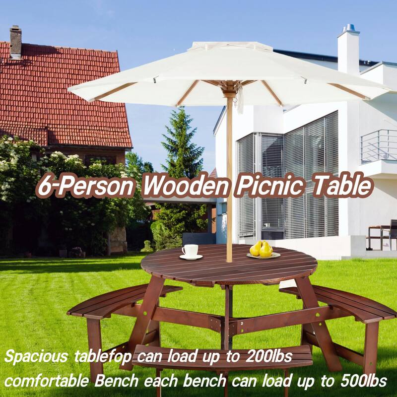 Outdoor 6 Person Round Picnic Table with Bench, Umbrella Hole for Garden, Backyard, Porch, Patio