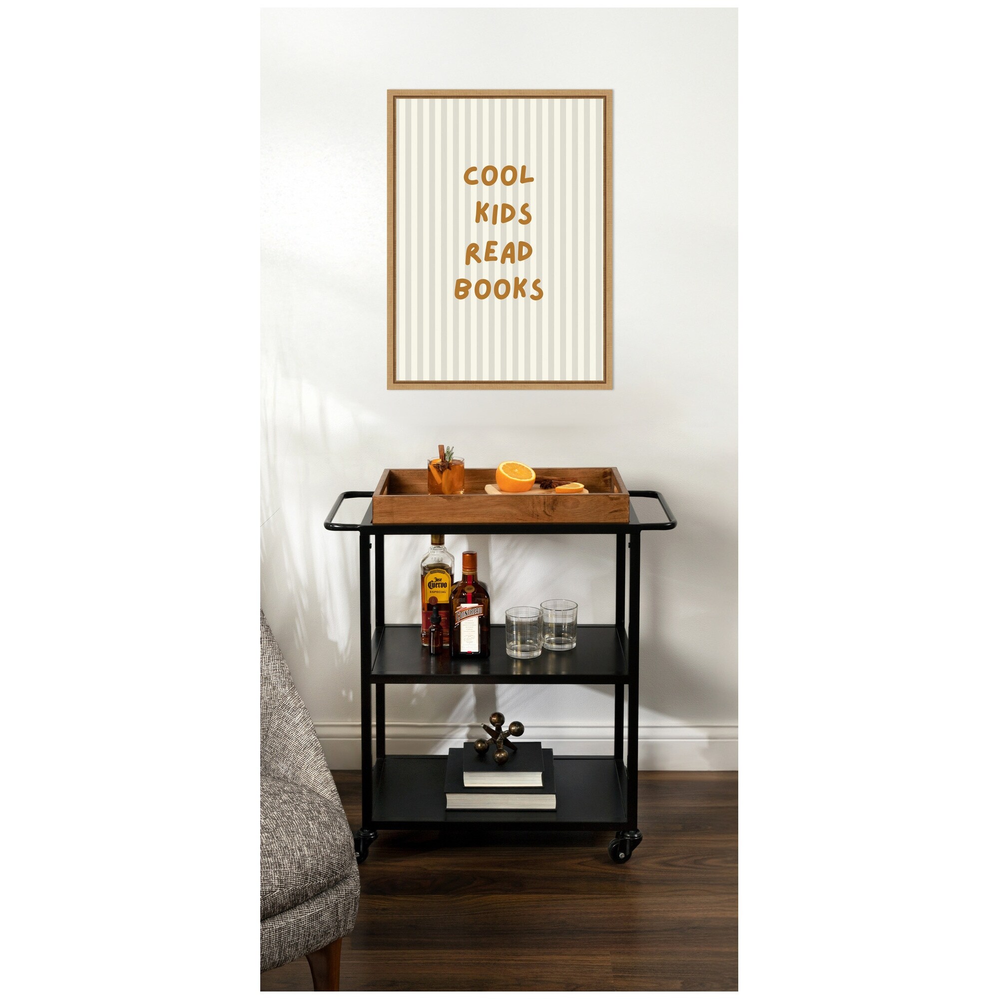 Kate and Laurel Cool Kids Read Books Neutral Stripe by Laura Moss Framed Canvas Wall Art Print