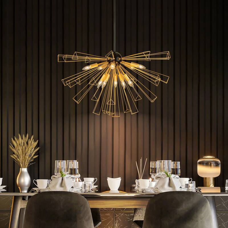 10-Light Modern Glam Gold Linear Sputnik Pendant Light Starburst Firework Semi-Globe Chandelier for Diving Room - 34.2 in. W x 19.6 in. H - Gold