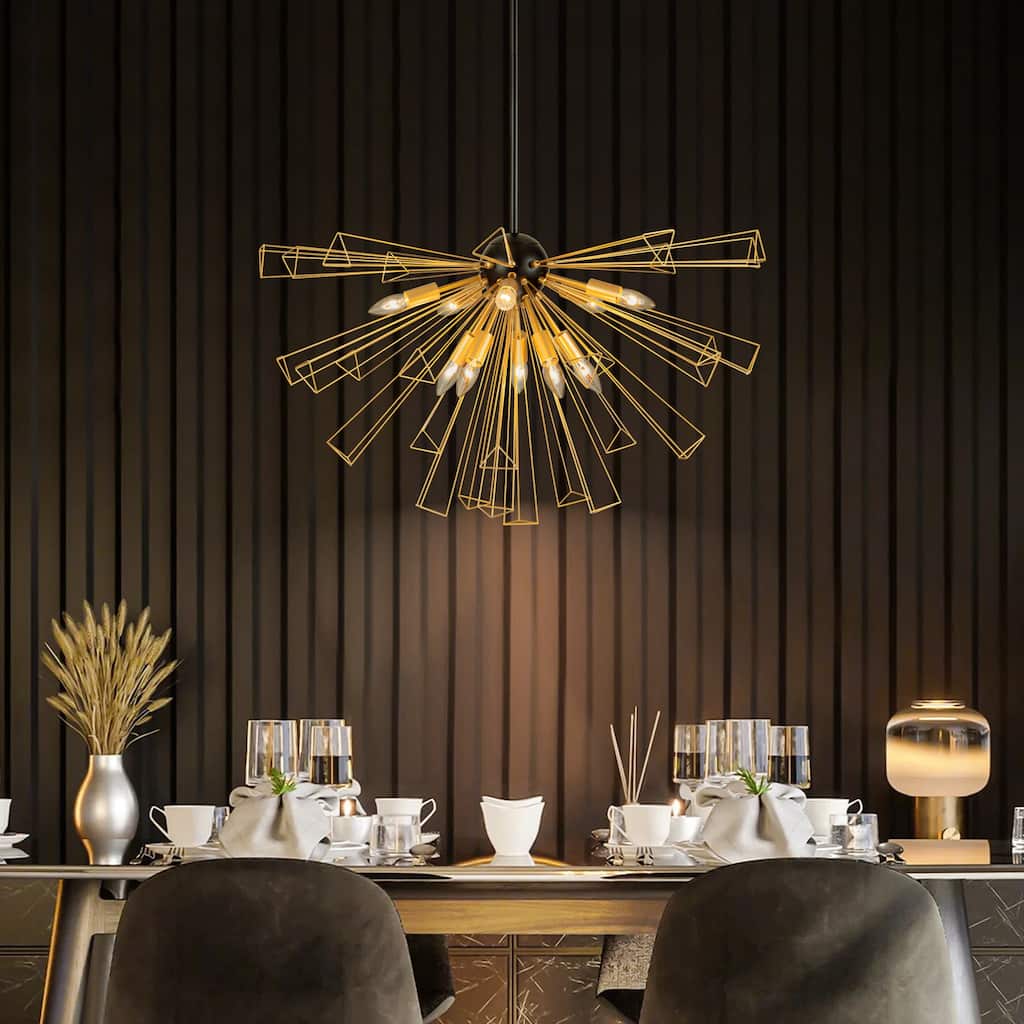 10-Light Modern Glam Gold Linear Sputnik Pendant Light Starburst Firework Semi-Globe Chandelier for Diving Room
