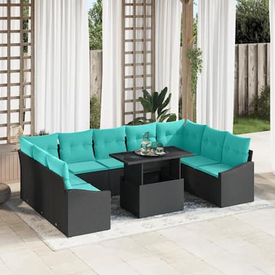 vidaXL 10 Piece Garden Sofa Set with Cushions Black Poly Rattan - 113.8×70.3×27.2