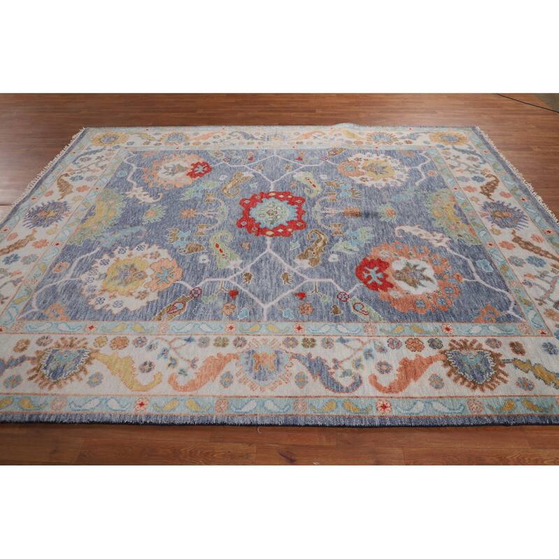 All-Over Blue Floral Oushak Indian Area Rug Hand-Knotted Wool Carpet - 7'11" X 9'9"