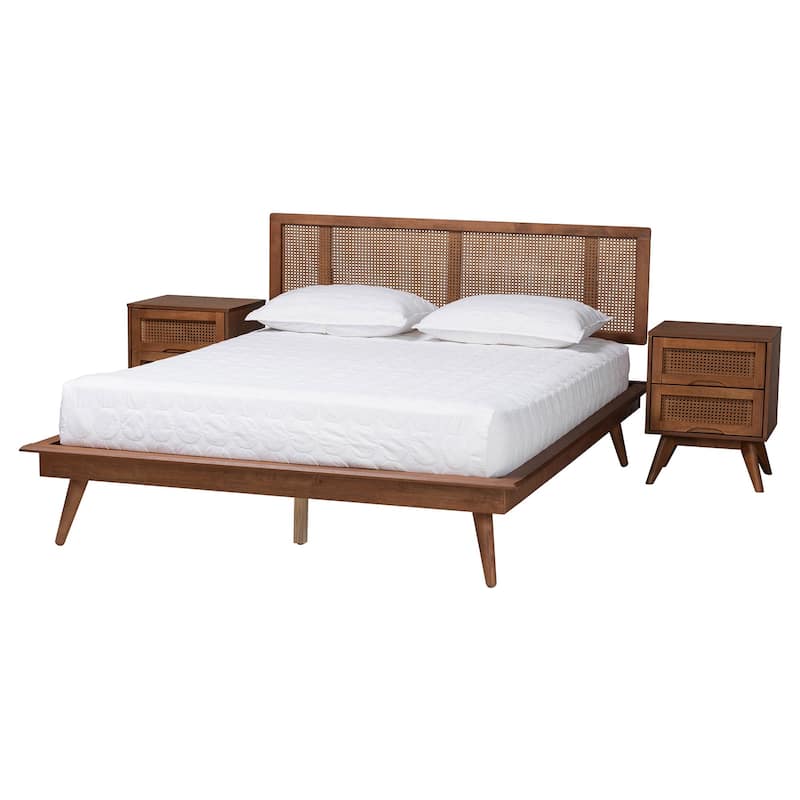 Nura Mid-Century Modern Walnut Brown Finished Wood and Rattan 3-Piece/4-Piece/5-Piece Bedroom Set (Multiple Bed Sizes) - King - 3 Piece