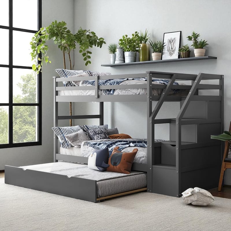 Twin Over Twin Bunk Bed with Trundle and 3 Storage Stairs, Solid Wood Frame, No Box Spring Required - Grey - Twin