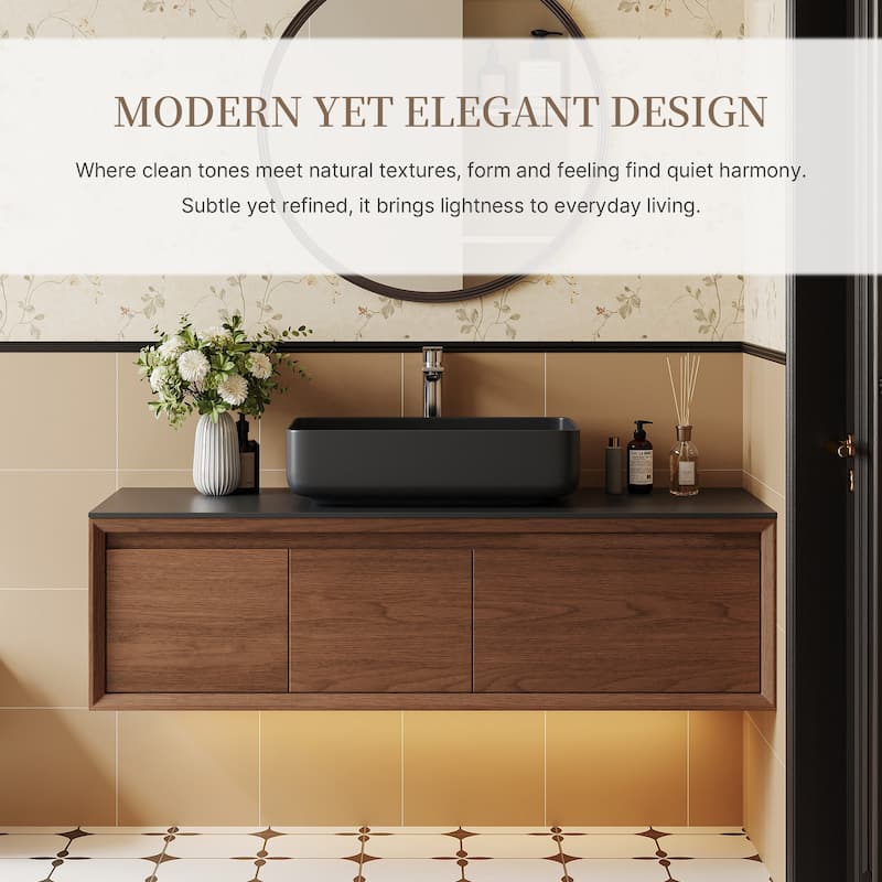 48" Modern Floading Single Bathroom Vanities, Solid Wood, Glossy Stone Vessel, Brown &Light Wood, Not Assembled Need