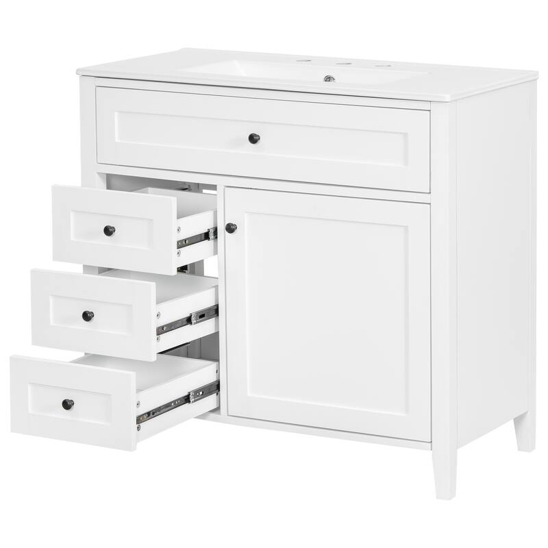 Roomfitters 36" Bathroom Vanity with Sink, Solid Wood Legs, 4 Drawers & Cabinet with Adjustable Shelf