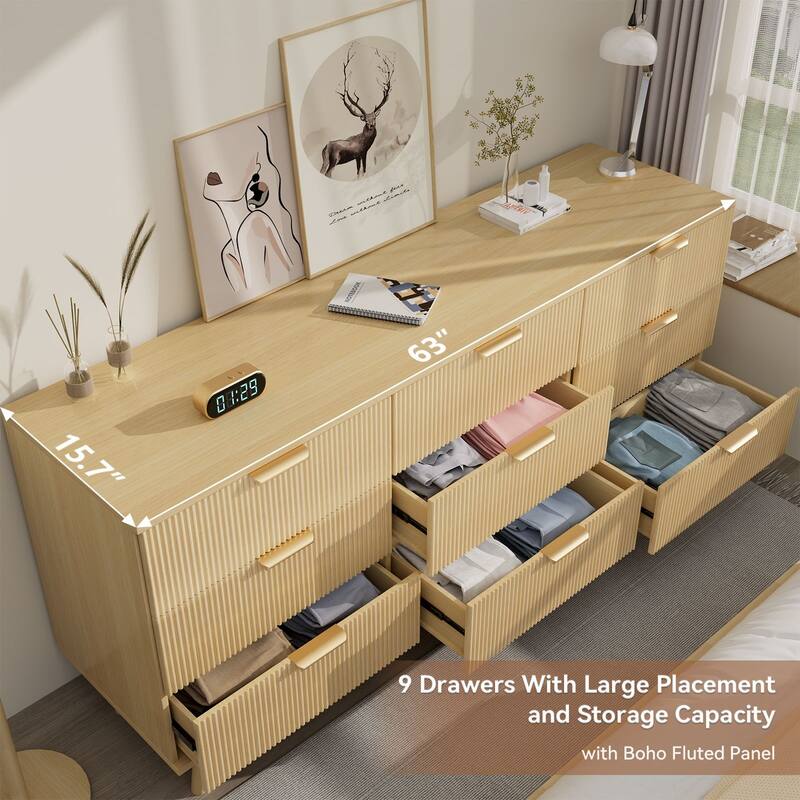 Gymojoy 9 Drawer Dresser, 63" Wide Fluted Wood Chest of Drawers with Gold Handles, Modern Storage Organizer for Closet